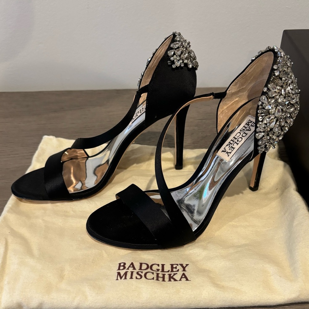 Badgley Mischka Black Satin & Crystal Open Toe Heels, Size 6